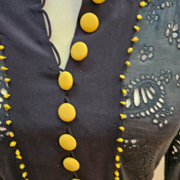 PHILLIP LIM 3.1 Navy Blue Eyelet Yellow Silk Tunic Kurta Style Mini Dress S - Picture 4 of 7